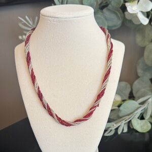Vintage Twisted Seed Bead Necklace | Red & Silver Rope Style